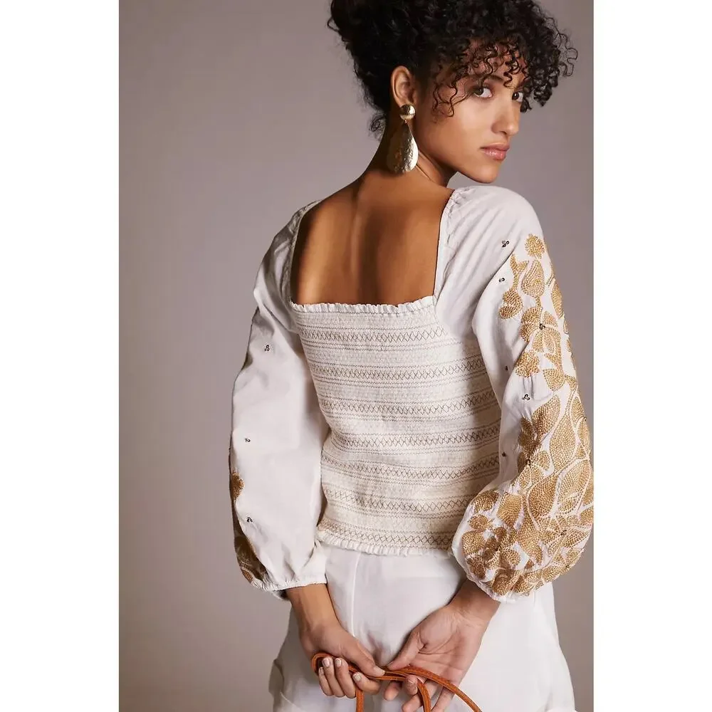 NWT Anthropologie Smocked Embroidered Top Size Small Cream Sequin Boho Chic